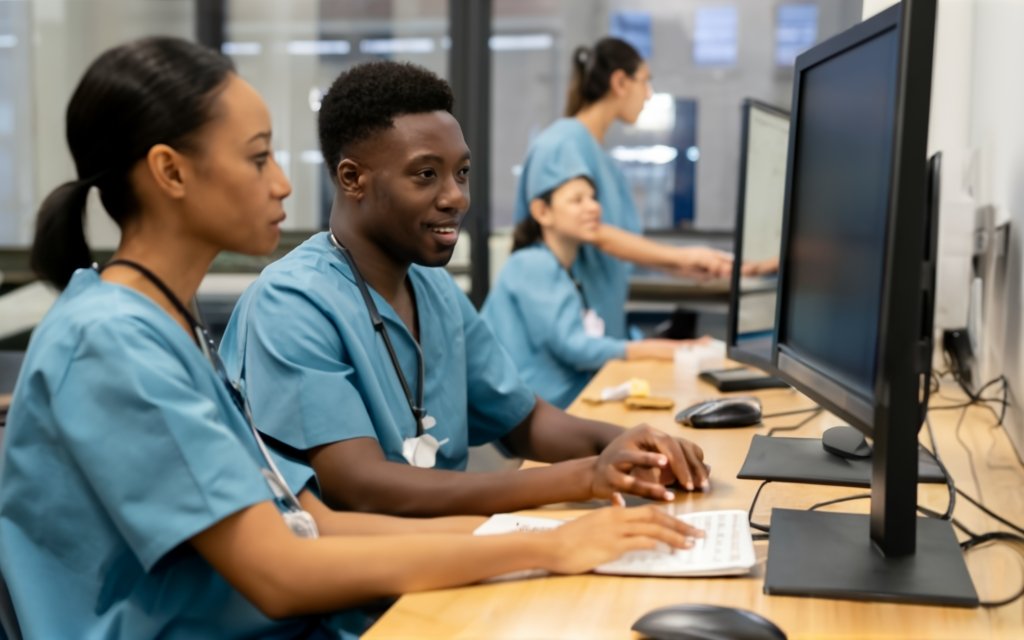 Enfermeiros trabalhando em frente a computadores.